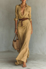 Ladies Lapel Single Breasted Long Sleeve Belted Maxi Dress