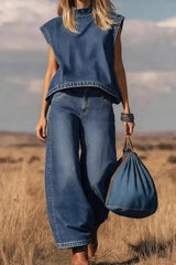 High Waisted Loose Pockets Solid Color Mock Neck Suits Vest Top + Pants Bottom Two Pieces Set