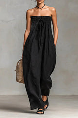Women's Solid Color Strapless Casual Loose Cotton And Linen Jumpsuit