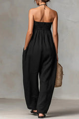 Women's Solid Color Strapless Casual Loose Cotton And Linen Jumpsuit