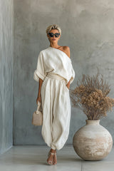 Women's Off-white Linen Off-shoulder Loose Casual Top And Tapered Pants Set