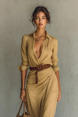 Ladies Lapel Single Breasted Long Sleeve Belted Maxi Dress