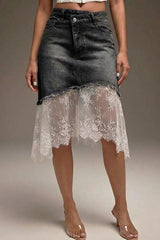Casual Lace-paneled Denim Skirt