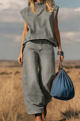 High Waisted Loose Pockets Solid Color Mock Neck Suits Vest Top + Pants Bottom Two Pieces Set