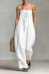 Women's Solid Color Strapless Casual Loose Cotton And Linen Jumpsuit