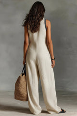 Women's Minimalist Linen Blend Sleeveless Jumpsuit With Zipper And Stand Collar, Featuring Embroidery