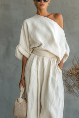 Women's Off-white Linen Off-shoulder Loose Casual Top And Tapered Pants Set