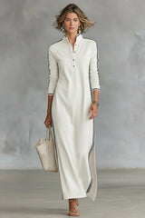 Women's Minimalist White-trimmed Button-down Collar Sweatshirt Dress Maxi Dress