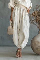 Women's Off-white Linen Off-shoulder Loose Casual Top And Tapered Pants Set