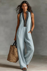 Women's Minimalist Linen Blend Sleeveless Jumpsuit With Zipper And Stand Collar, Featuring Embroidery