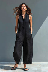 Women's Minimalist Linen Blend Button-up Stand-collar Sleeveless Loose Jumpsuit