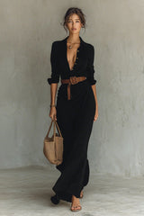 Ladies Lapel Single Breasted Long Sleeve Belted Maxi Dress