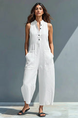 Women's Minimalist Linen Blend Button-up Stand-collar Sleeveless Loose Jumpsuit