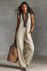 Women's Minimalist Linen Blend Sleeveless Jumpsuit With Zipper And Stand Collar, Featuring Embroidery