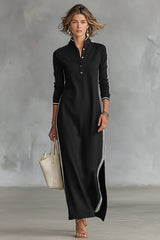 Women's Minimalist White-trimmed Button-down Collar Sweatshirt Dress Maxi Dress