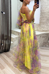 Heididress One Shoulder Waisted High Slit Mesh Overlay Printed Maxi Dress