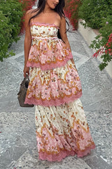 Heididress Spaghetti Strap Back Lace-up Ruffle Layered Floral Print Maxi Dress