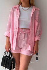 Drop Shoulder Long Sleeves Blouse Shirt Drawstring Waist Shorts Set
