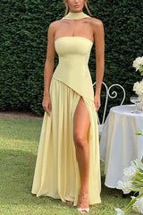 Heididress Strapless Back Lace-up High Slit Splice Maxi Dress