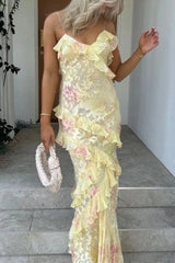 Heididress Spaghetti Strap Backless Ruffle Trim Printed Maxi Dress