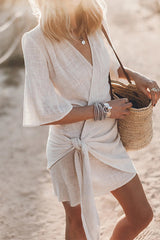 Heididress V Neck Tie Knot Cotton Linen Wrap Mini Dress
