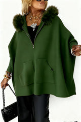 Heididress Dolman Sleeves Zipper Up Pocketed Jacket with Faux Fur Hood
