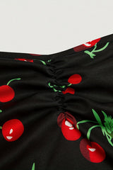 Vintage Cherry Print Halter Neck Dress, Sweet Slim-Fit Flared Skirt Elegant Evening Gown