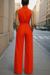 Fashion Lapel Sleeveless High Waist Tie Casual Pocket Wide Leg Jumpsuit