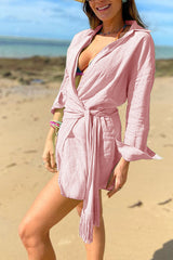 Heididress Lapel Long Sleeve Tie Waist Wrapped Beach Cover Up Dress