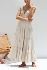 Heididress V Neck Ruffle Trim Tiered Sleeveless Linen Maxi Dress
