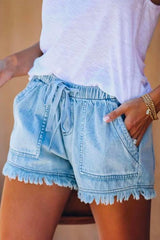 Heididress Drawstring High Waist Raw Hem Pockets Shorts