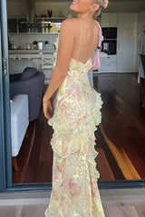 Heididress Spaghetti Strap Backless Ruffle Trim Printed Maxi Dress