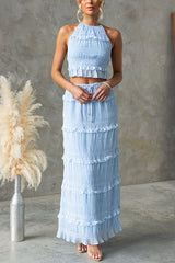 Frill Trim Halter Backless Crop Top and Drawstring Waist Maxi Skirt Set