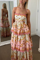 Heididress Spaghetti Strap Back Lace-up Ruffle Layered Floral Print Maxi Dress