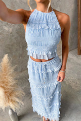 Frill Trim Halter Backless Crop Top and Drawstring Waist Maxi Skirt Set