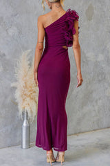 Frill One Shoulder Sleeveless Cut Out Waist Mesh Maxi Dress