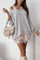 Heididress V Neck Drop Shoulder Slouchy Pullover Sweater