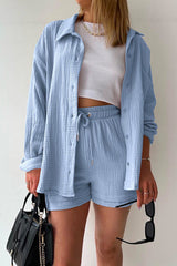 Drop Shoulder Long Sleeves Blouse Shirt Drawstring Waist Shorts Set
