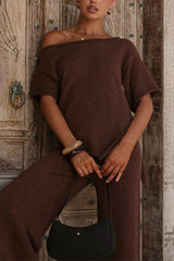 Chic Asymmetrical Shoulder Side Slit Knit Top