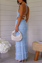 Frill Trim Halter Backless Crop Top and Drawstring Waist Maxi Skirt Set
