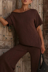 Chic Asymmetrical Shoulder Side Slit Knit Top