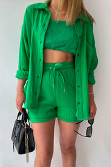 Drop Shoulder Long Sleeves Blouse Shirt Drawstring Waist Shorts Set
