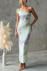 One Shoulder Watercolor Swirl Maxi Bodycon Dress