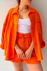 Drop Shoulder Long Sleeves Blouse Shirt Drawstring Waist Shorts Set