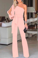 Heididress One Shoulder Slit Sleeve Tie Knot Jumpsuit(7 Colors)