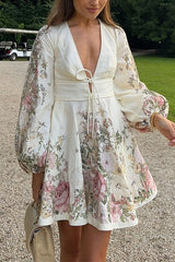 Heididress V Neck Lantern Sleeves Floral Print A-line Mini Dress