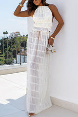 Frilled Halter Open Back Crop Top and Pleated Maxi Skirt Set