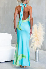 Halter Cowl Neck Backless Floral Print Satin Maxi Dress