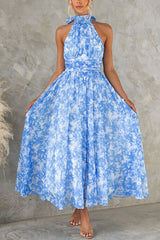 Bow Neck Halter Backless Floral Print Maxi Dress