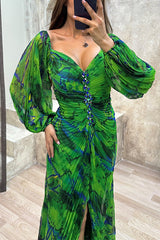 Heididress Off Shoulder Rhinestones Detail Printed Slit Pleated Maxi Dress